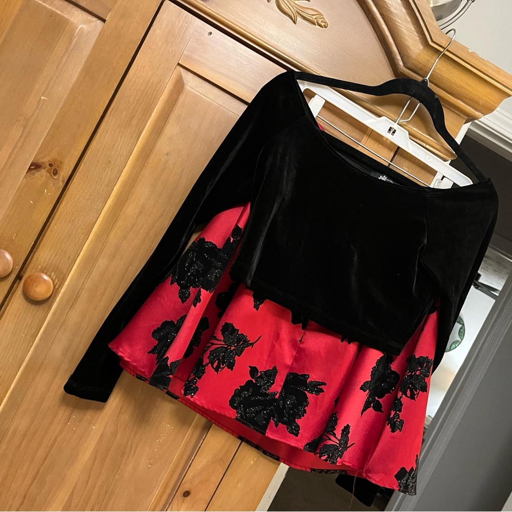 Black Velvet Crop Top and Red Floral Skirt